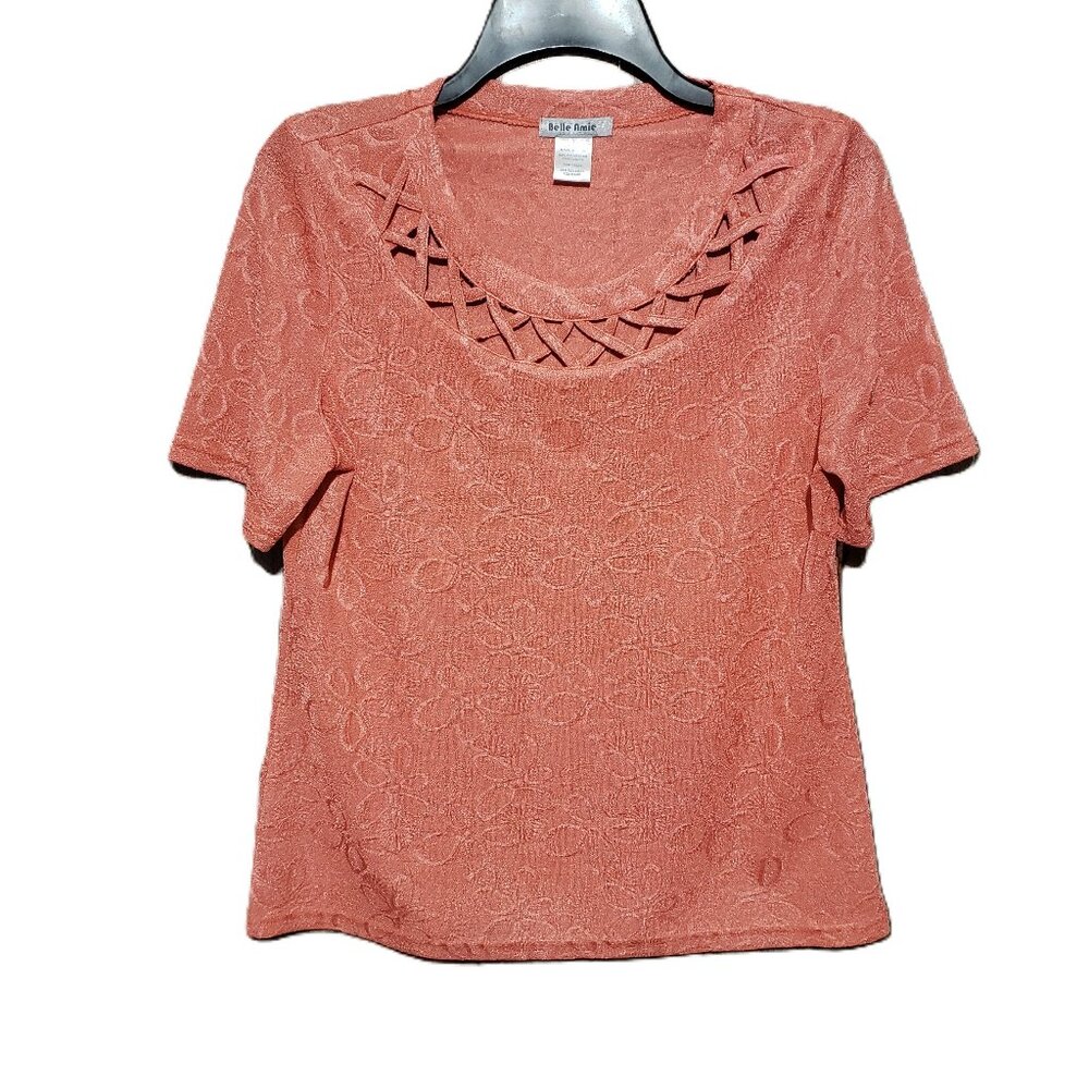 Belle‎ Amie L Coral Top Orange Blouse Short Sleeve Cut Out Knit Stretch Women's